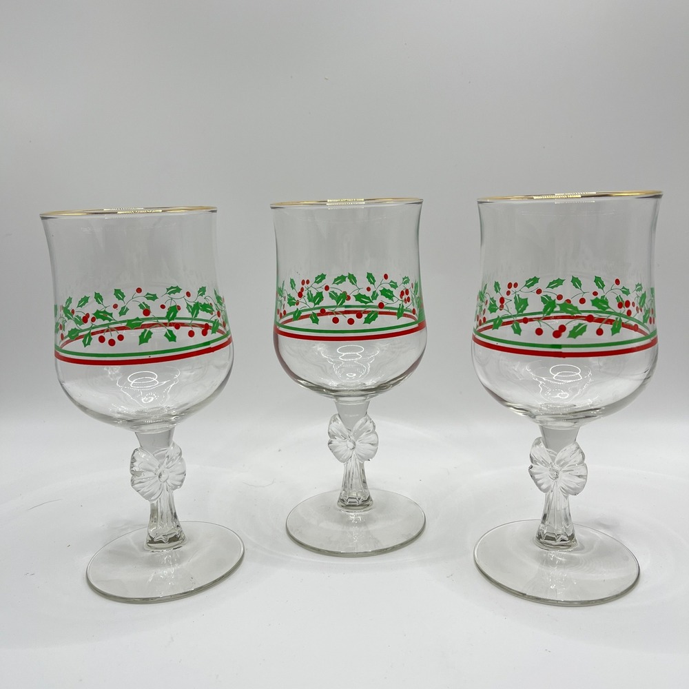 Vintage Libbey Holly Berry Wine Goblets Set of 3 Gold Rim Bow Stem Glassware